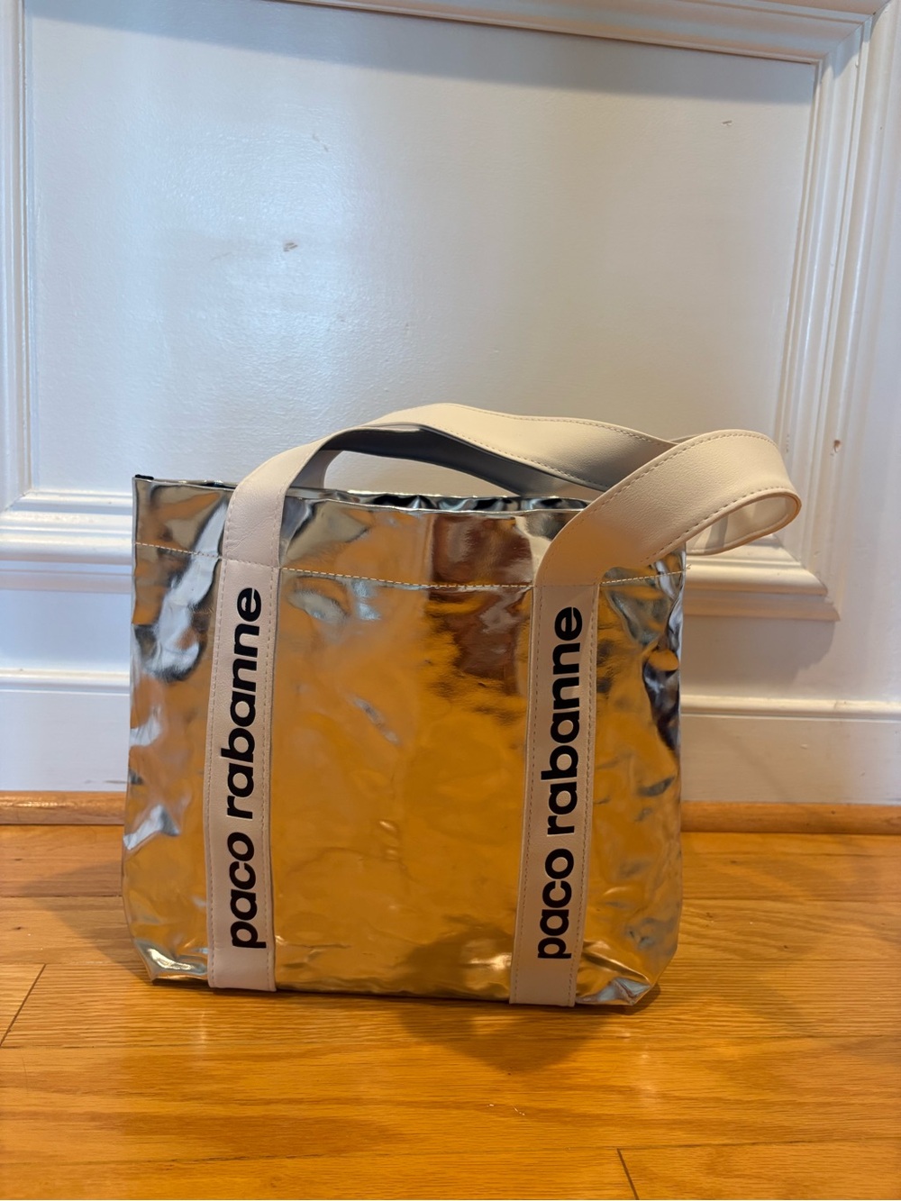 Paco Rabanne Metallic Silver Tote with White Logo Straps